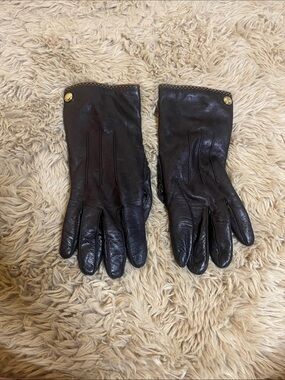Coach Brown Leather Women's Gloves with Gold Button - Size 8